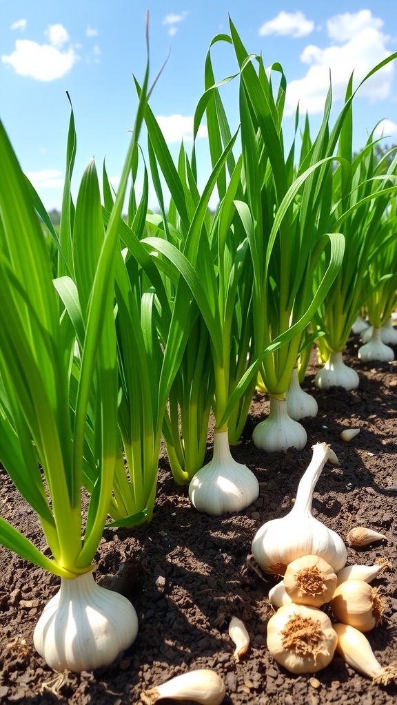 A healthy row of garlic plants in a sunny garden with harvested garlic bulbs.